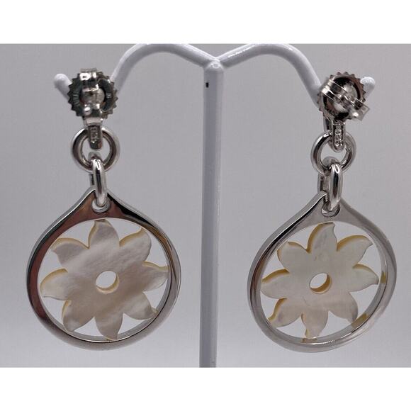 925 Silver Dangle Drop Daisy Mother Of Pearl Earrings - Picture 2 of 5
